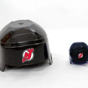 Two black helmets with red logos.