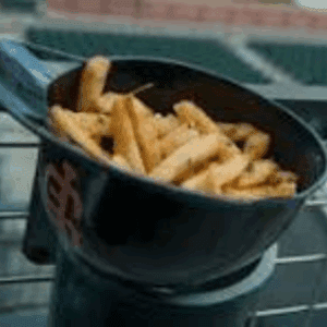 French fries in a black serving dish.