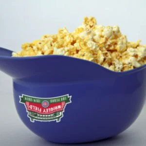 Popcorn in blue bowl with logo.